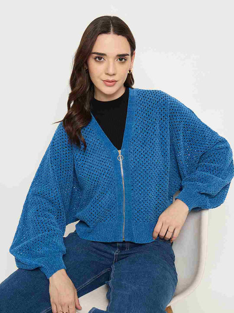 Madame Textured Relaxed Fit Blue Sweater
