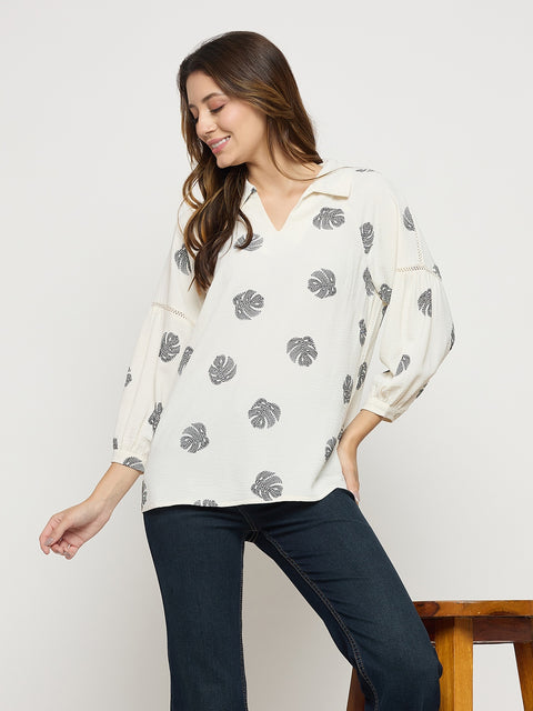 Madame Off White Printed Collar Puff Sleeve Top