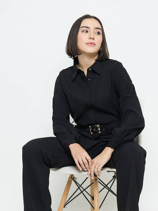 Madame Solid Straight Fit Black Trousers