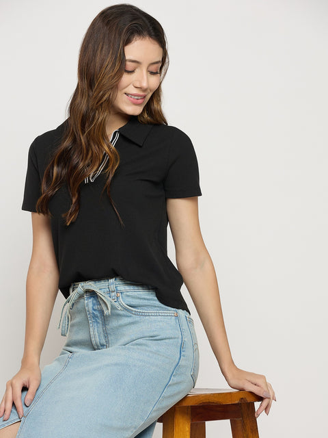 Madame Black Knit Polo Neck Short Sleeve T-Shirt