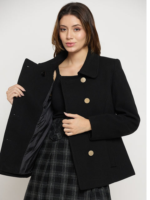 Madame Black Collared Full Sleeve Short Coat