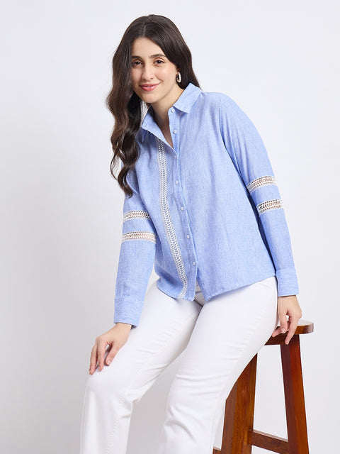 Madame Sky-blue Rayon Blend Solid Shirt