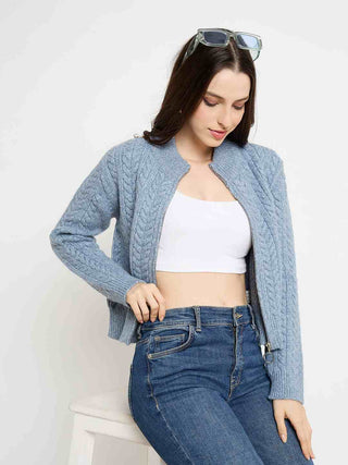 Madame Cable Knit Zip Blue Sweater