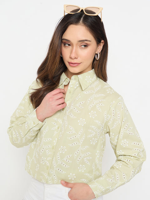 Madame Embroidered Green Cotton Shirt