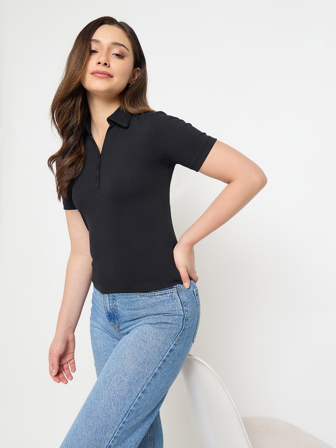 Madame Black Solid Polo T-Shirt color swatch