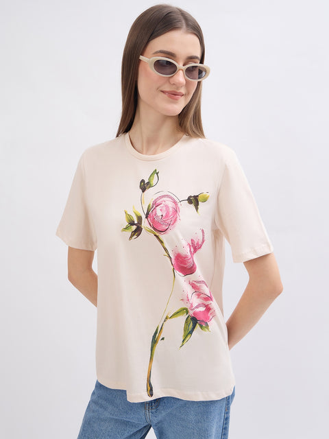 Madame Printed Beige Cotton T-Shirt