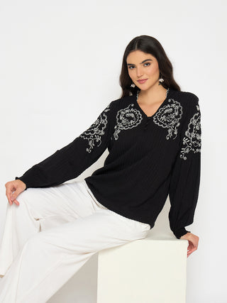Madame Embroidered Black Viscose Blend Top