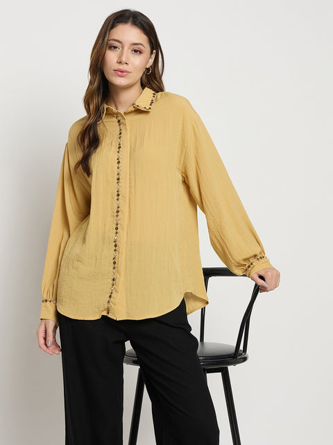 Madame Yellow Embellished Rayon Full Sleeve Shirt