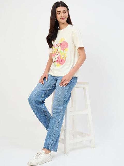 Madame Beige Crew Neck Printed Cotton T-Shirt