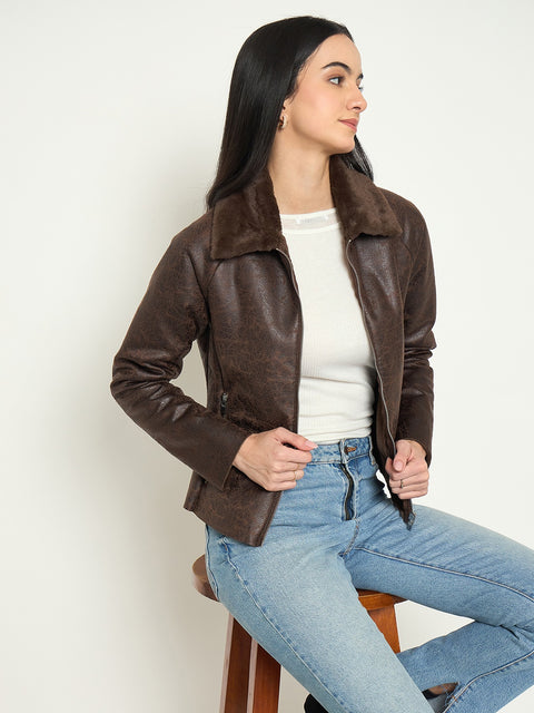 Madame Faux Fur Collar Brown PU Jacket