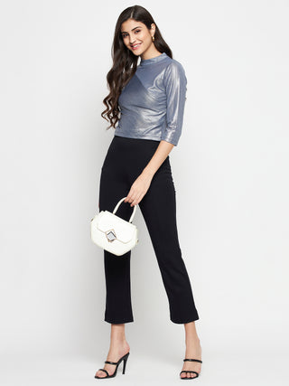 Madame Shimmering Asymmetrical Seam Detail Grey Top