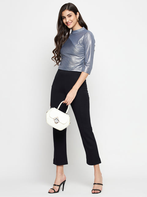 Madame Shimmering Asymmetrical Seam Detail Grey Top