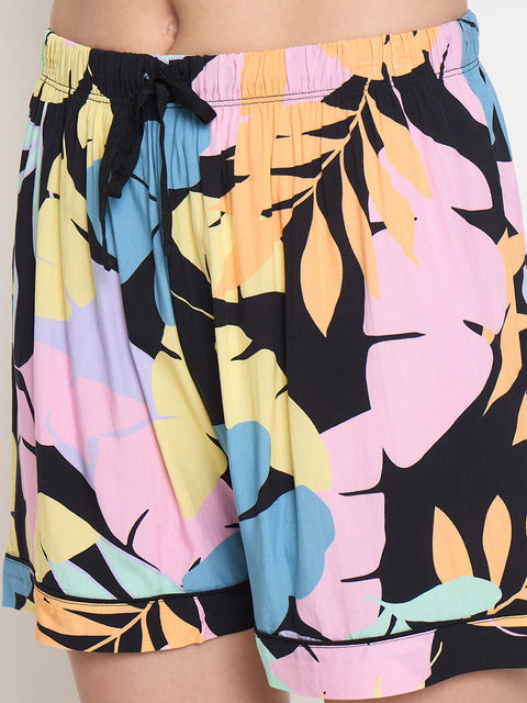 mSECRET Botanical Print Top and Shorts Black Night Suit