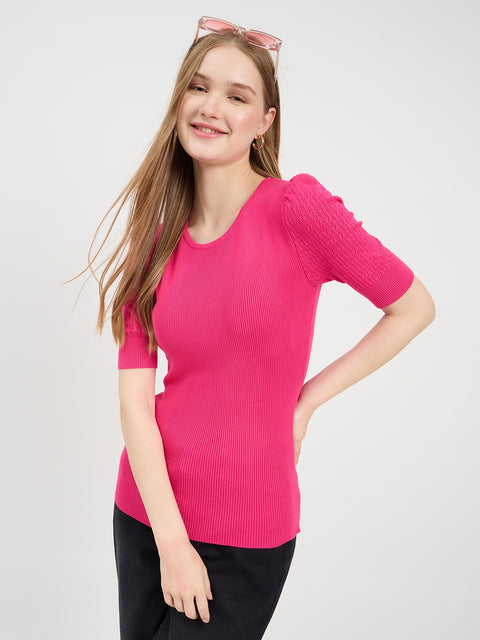 Madame Puff Sleeves Hot Pink Knit Top