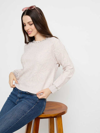 Madame Pearl Embellished Floral Embroidered Pink Sweater