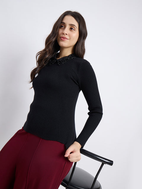 Madame Designer Collar Black Sweater