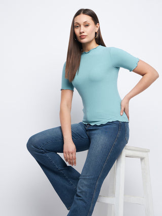 Madame Solid Aqua Blue Lettuce Hem Top