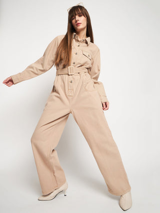 Madame Beige Belted Cargo Jumpsuit