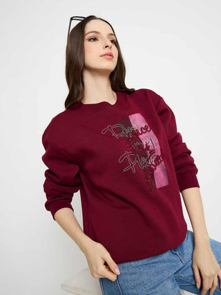 Madame Typography Printed Wine Red Pullover Sweatshirt