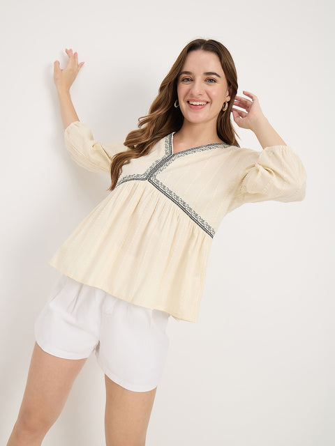 Madame Off White Cotton Lace Detail V-Neck Puff Sleeve Top