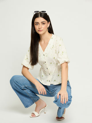 Madame Printed V Neck Green Top