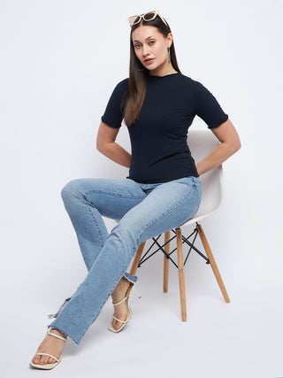 Madame Solid Navy Blue Lettuce Hem Top