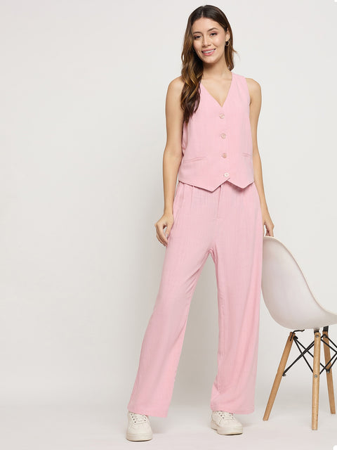 Madame Pink Rayon Linen Relaxed Fit Full Length Trousers