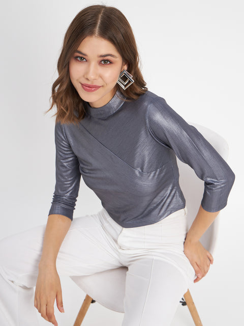 Madame Shimmering Asymmetrical Seam Detail Navy Blue Top