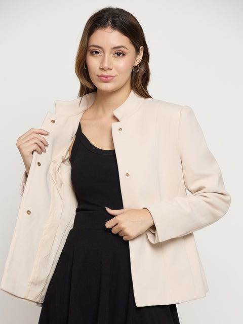 Madame Off White Mock Neck Full Sleeve Short Coat