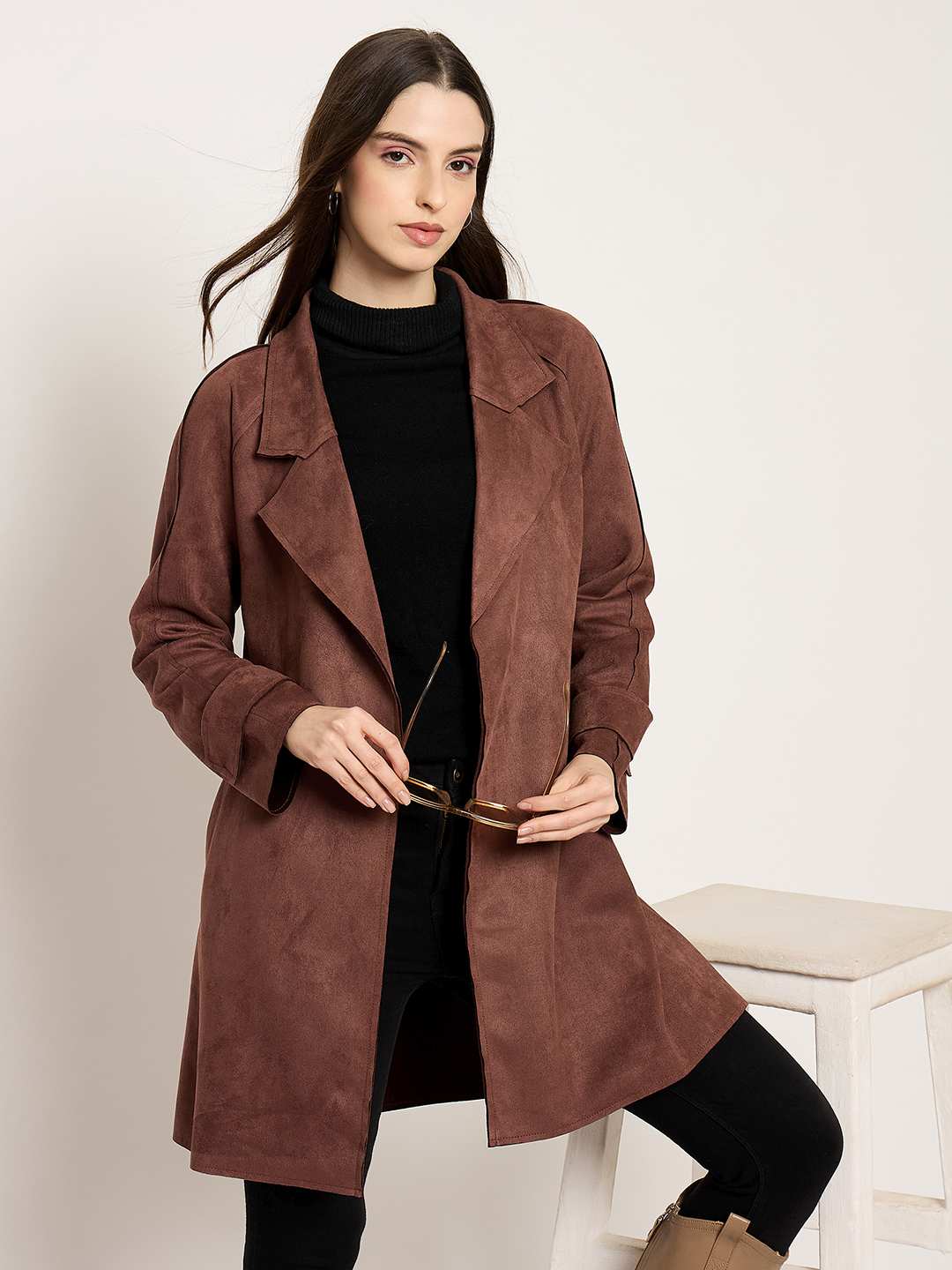 Madame Brown Trench Coat with Notch Lapel Neckline and Belt color swatch
