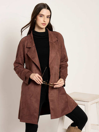 Madame Brown Trench Coat with Notch Lapel Neckline and Belt