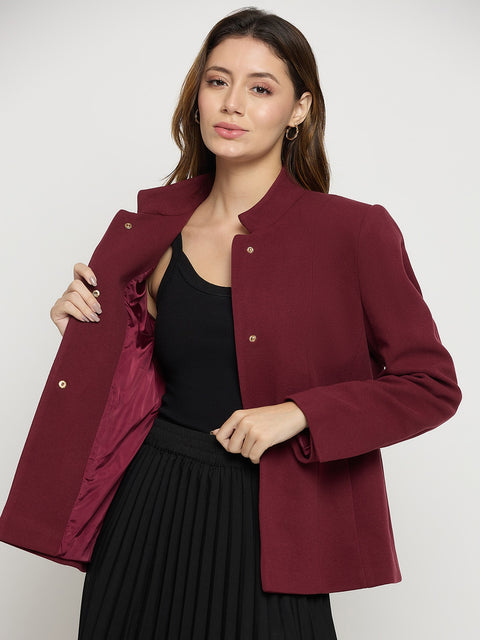Madame Maroon Mock Neck Full Sleeve Short Coat