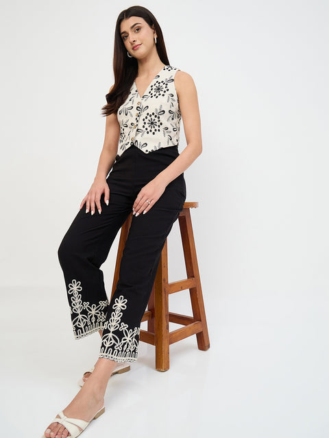 Madame Black Embroidered Cotton-Blend Trousers
