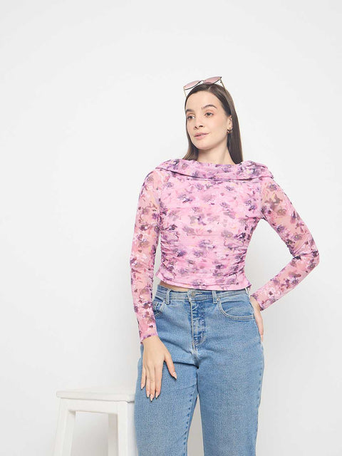 Madame Floral Print Off Shoulder Pink Mesh Top