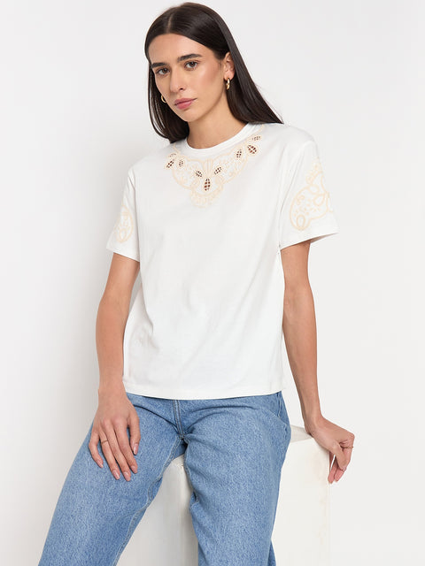Madame White Cotton Embroidered Half-Sleeve Top