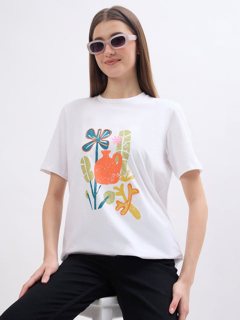 Madame Floral Print White Cotton T-Shirt