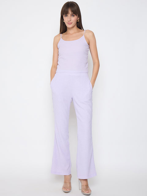 Madame Embroidered Shirt with Crop Tank and Wide-Leg Pants Three Piece Lilac Co-ord Set