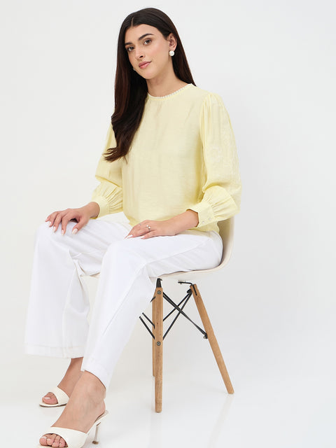 Madame Butter Yellow Bishop-Sleeve Viscose Top