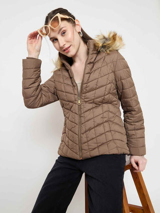 Madame Brown Colour Quilted Fur Hood Jacket