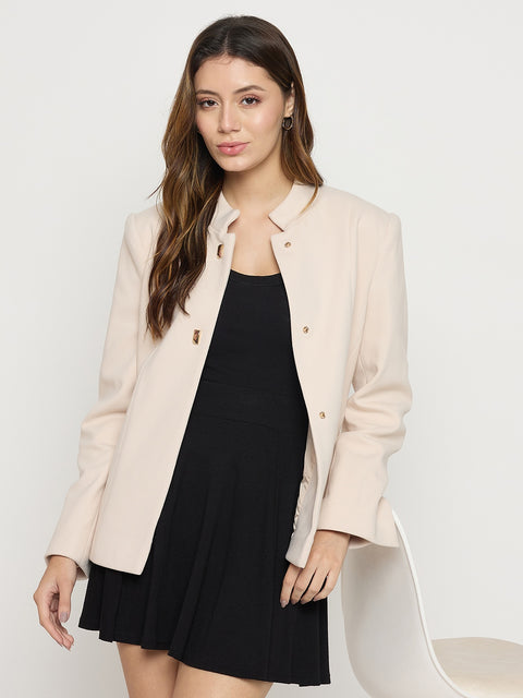 Madame Off White Mock Neck Full Sleeve Short Coat