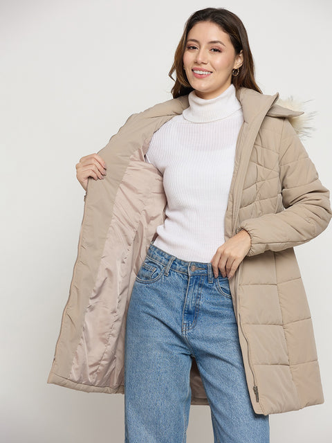 Madame Beige Quilted High Neck Full Sleeve Midi Jacket
