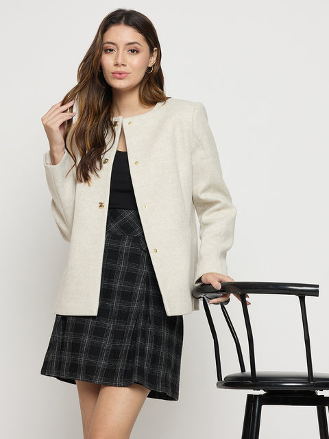 Madame Beige Round Neck Full Sleeve Short Coat