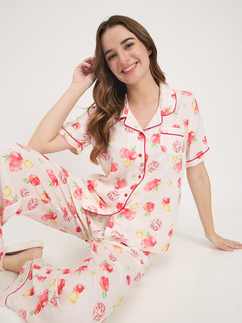 mSECRET Orange Printed Rayon Spread Collar Short Sleeve Night Suit