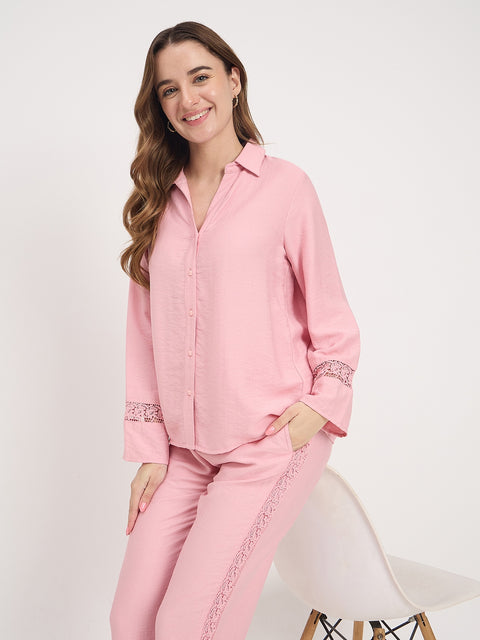 Madame Pink Rayon Collared Full Sleeve Co-ord Set