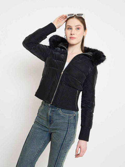 Madame Faux Fur Hood Black Puffer Jacket