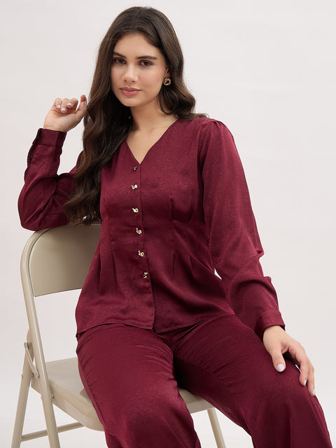 Madame Maroon V-Neck Co-ord Set