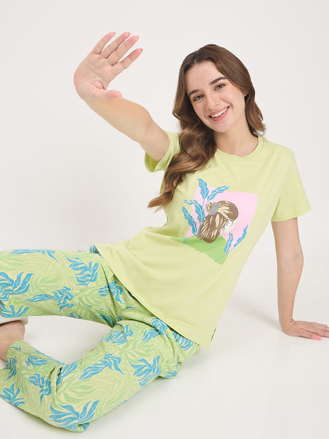 mSECRET Green Printed Cotton Night Suit