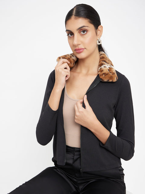 Madame Black Ribbed Polo Neck Top