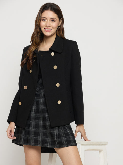 Madame Black Collared Full Sleeve Short Coat