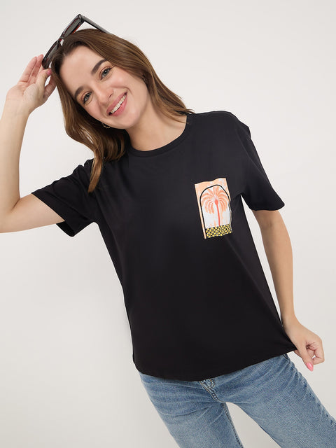 Madame Black Printed Cotton Round Neck T-Shirt